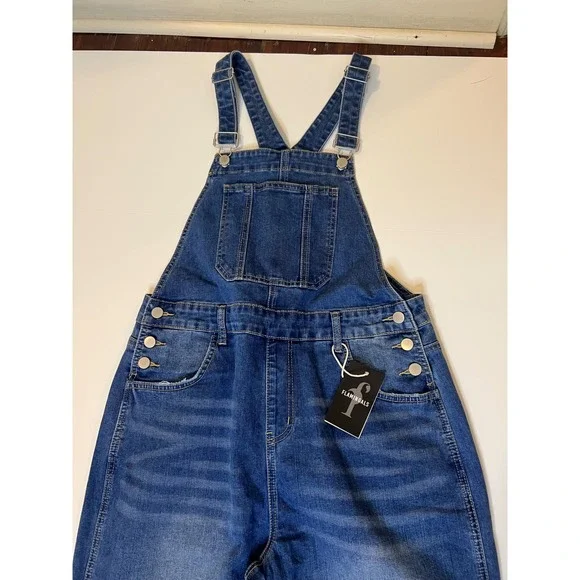 Flamingals Women Medium Wash Denim Wide Leg barrelCarpenter Overalls Blue NWT - Picture 2 of 10